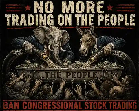 Anti-corruption punk shirt showing elephant and donkey politicians feeding from the public trough with Ban Congressional Stock Trading message