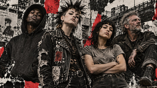 Four people wearing punk and everyday clothes against torn street posters, showing that punk is more than a dress code.