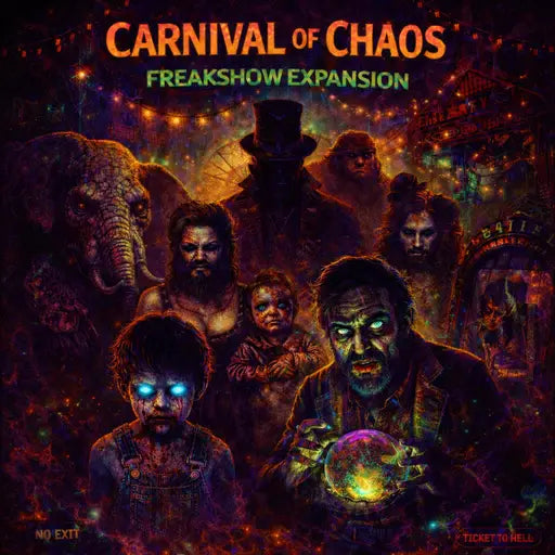 Carnival of Chaos freakshow family portrait with eerie circus performers in a dark vintage carnival setting.