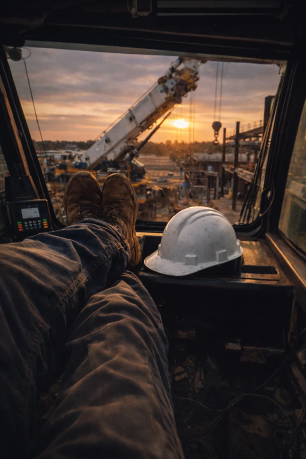 Construction worker resting boots inside a crane cab with a hardhat beside them, overlooking an active job site at sunset with cranes and steel structures, representing real jobsite culture and blue-collar work life.