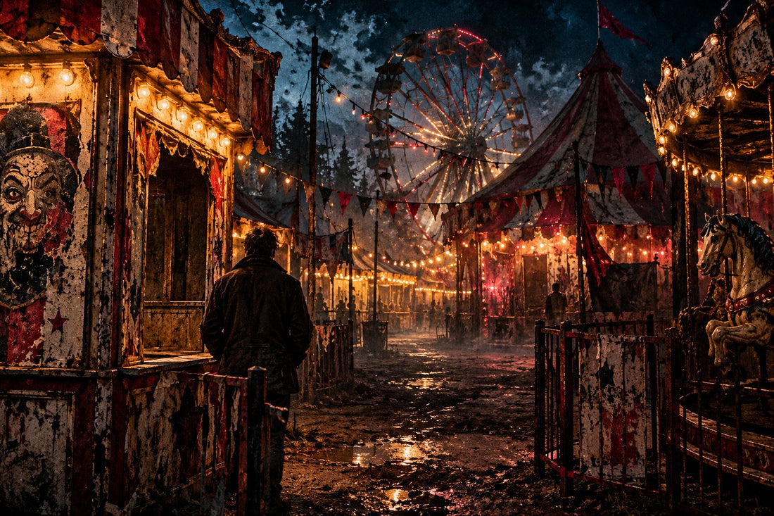 A deserted dark carnival at night with a Ferris wheel, striped tent, torn clown poster, glowing midway lights, and a lone visitor.