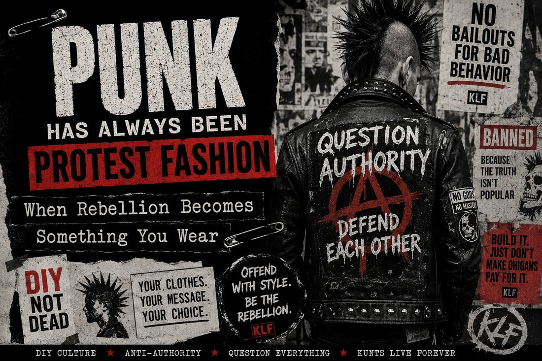 Grungy black, white, and red punk protest-fashion graphic featuring a mohawked punk in a studded leather jacket surrounded by DIY-style posters and slogans about rebellion, anti-authority culture, and protest clothing, with KLF branding throughout.