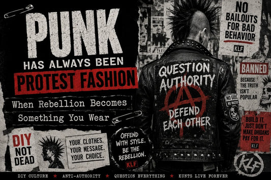 Grungy black, white, and red punk protest-fashion graphic featuring a mohawked punk in a studded leather jacket surrounded by DIY-style posters and slogans about rebellion, anti-authority culture, and protest clothing, with KLF branding throughout.