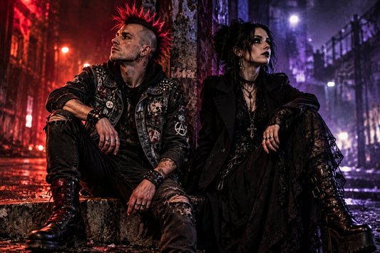 Punk and goth fashion side by side in an urban night scene, featuring a studded punk jacket, layered gothic clothing, and contrasting red and purple lighting.