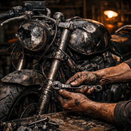 rebuilding broken motorcycle by hand symbolizing earned not given workwear and blue collar resilience