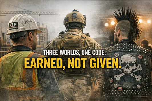 construction worker soldier and punk rocker representing earned not given mindset across jobsite military and punk culture