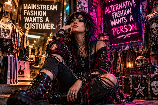 Alternative fashion scene contrasting polished mainstream retail with punk DIY style for Mainstream Fashion Wants a Customer. Alternative Fashion Wants a Person.