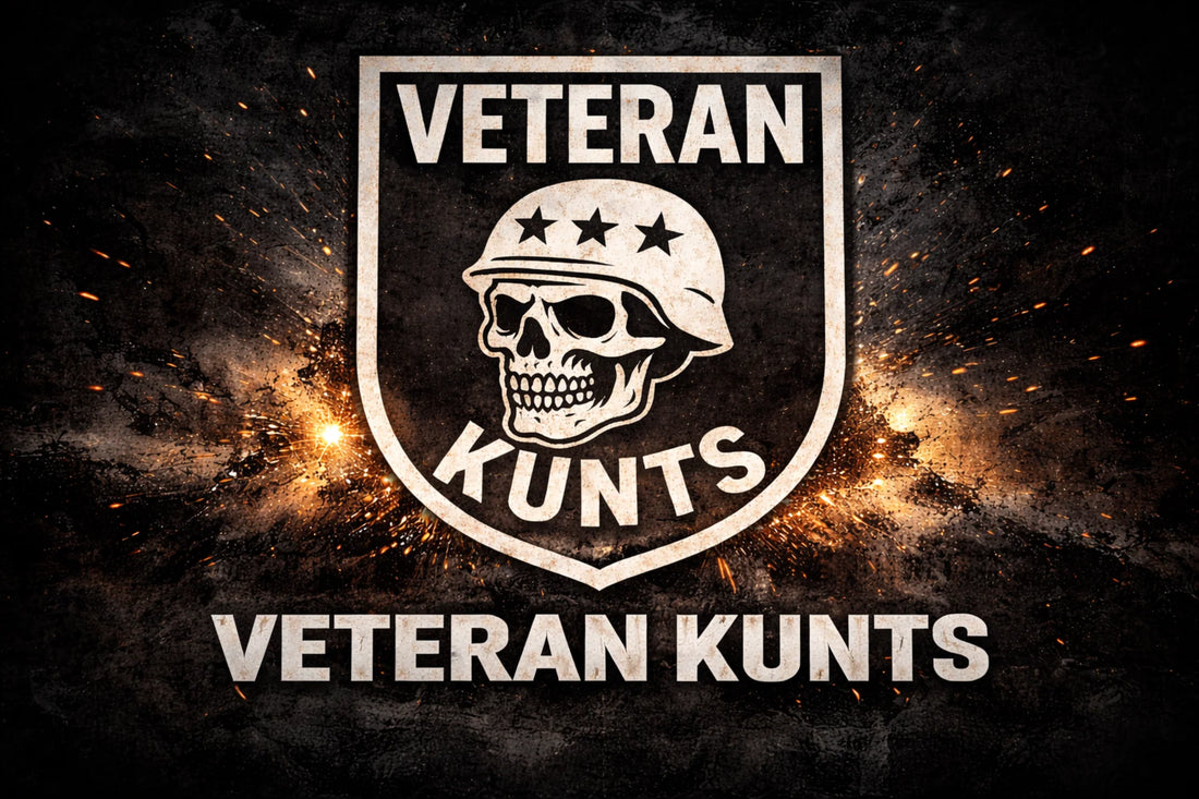 Veteran Kunts skull wearing a military helmet with three stars on a dark distressed background.
