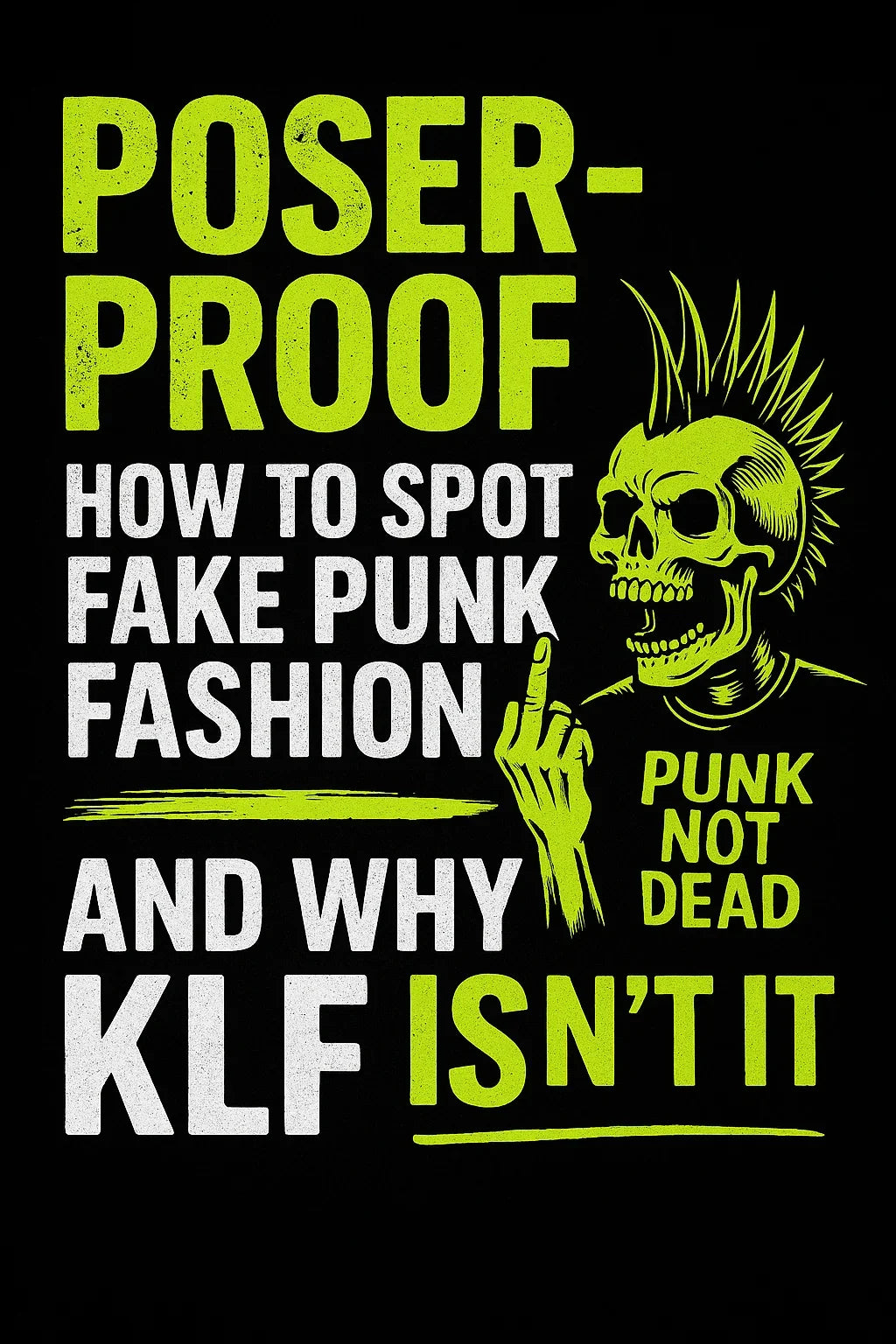 Neon yellow-green and white graphic with bold text reading “POSER-PROOF” above a punk skull and crossed safety pins, set against a torn paper background with the subtext “How to Spot Fake Punk Fashion — And Why KLF Isn’t It.”