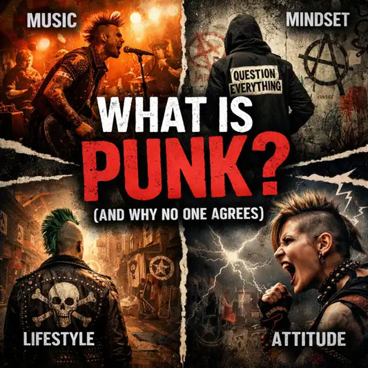 collage showing punk culture as music mindset lifestyle and attitude with bold rebellion themes