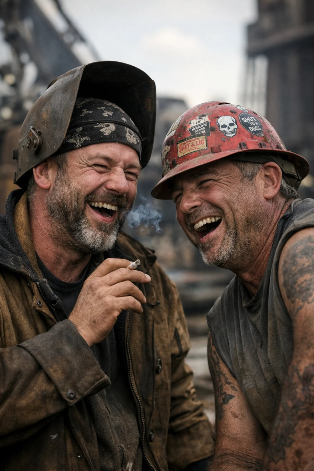 Two construction workers laughing on a jobsite showing blue-collar dark humor and jobsite culture
