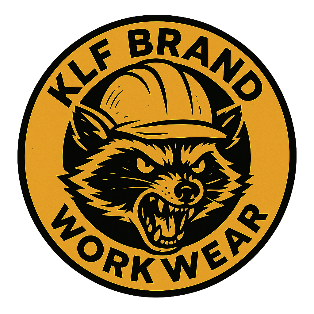 “KLF Brand Workwear logo featuring a fierce raccoon in a hard hat, snarling with attitude. The design is circular with bold black text on gold: ‘KLF Brand’ across the top and ‘Workwear’ across the bottom. Industrial, punk, and ready to clock in.”