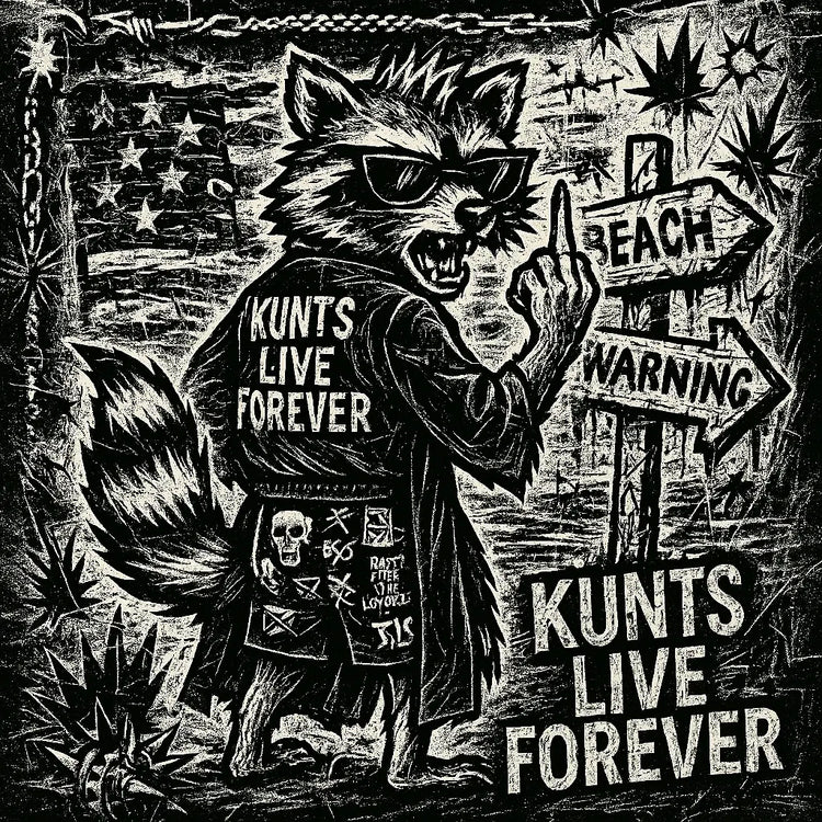 “Punk raccoon in sunglasses and a robe giving the middle finger beside beach warning signs, representing KLF’s rebellious swimwear, boxers, and robe collection.”
