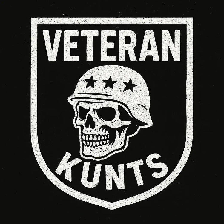 “Grunge-style military badge graphic with a skull wearing a helmet and three stars above the word ‘Veteran Kunts,’ representing KLF’s rebellious veteran punk streetwear and alternative apparel.”