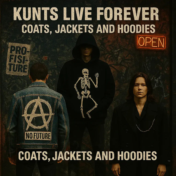 “Three people wearing punk-style outerwear in a dark alley: a denim jacket with an anarchy symbol, a hooded skeleton-print hoodie, and a black coat. High-contrast grunge aesthetic representing KLF’s coats, jackets, and hoodies collection.”