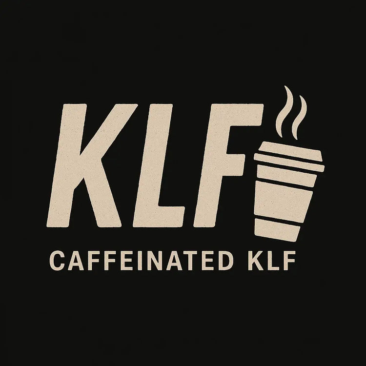 “Minimalist beige KLF logo with a steaming coffee cup icon, representing the Caffeinated Kunts collection of punk streetwear, alt clothing, and high-energy KLF merchandise.”