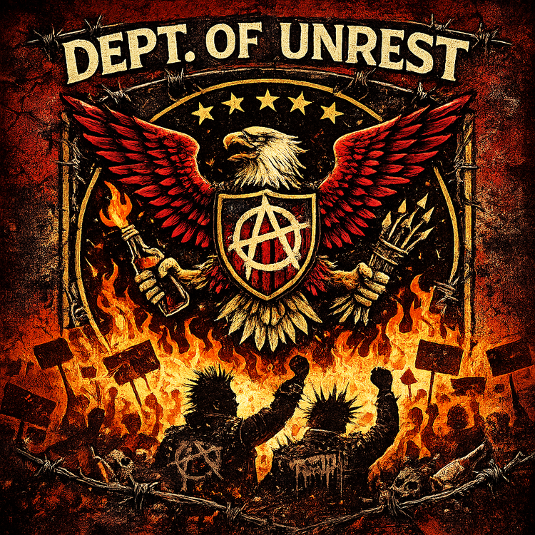 Dept. of Unrest riot authority seal with anarchist eagle, molotov, torch, and burning protest crowd punk streetwear graphic