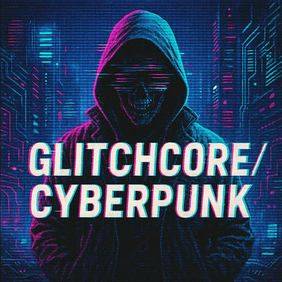 “Glitchcore and cyberpunk streetwear graphic featuring a hooded figure with neon glitch effects, digital distortion, and futuristic city circuitry — representing KLF’s punk streetwear, alt clothing, and high-contrast apparel aesthetic.”