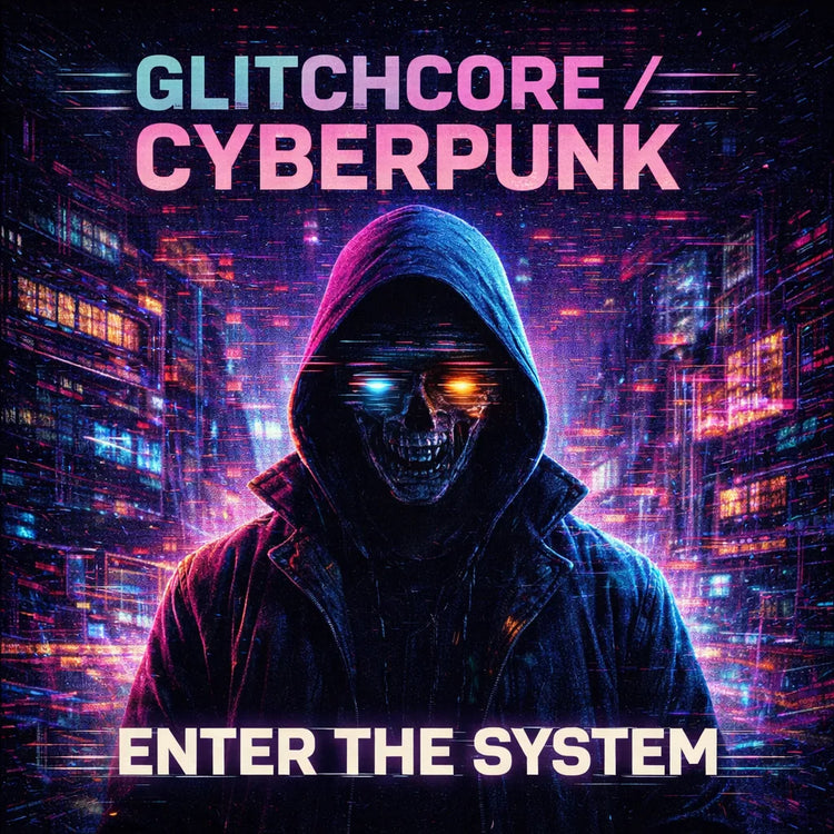 KLF glitchcore cyberpunk streetwear graphic featuring neon skull hacker in futuristic city, representing underground punk streetwear rebellion and alternative fashion brand aesthetic