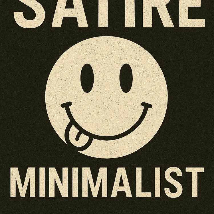 “Minimalist smiley-face graphic with tongue out above the words ‘Satire Minimalist,’ representing KLF’s text-driven punk streetwear and alternative clothing.”