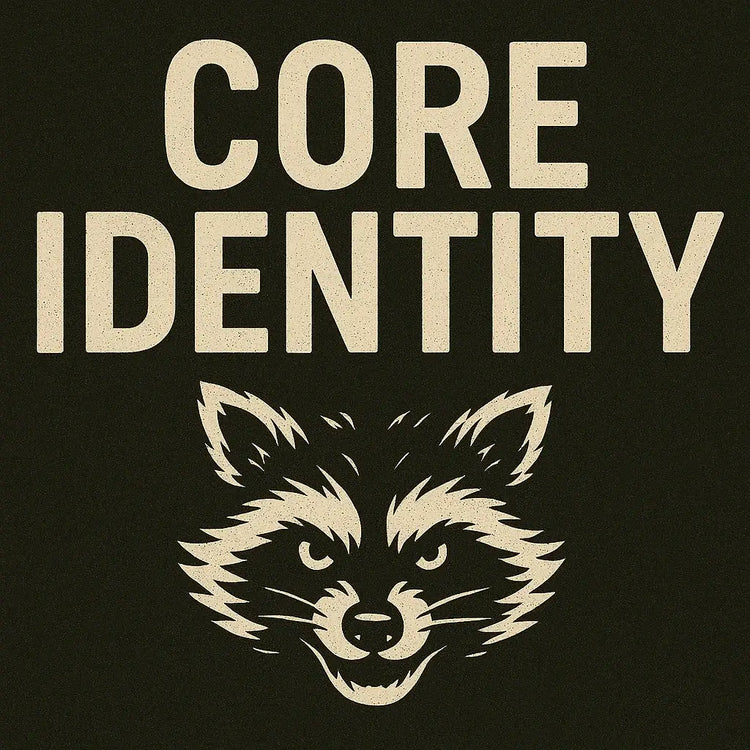 “Core Identity graphic featuring bold text and a stylized punk raccoon logo — representing the essential KLF Streetwear aesthetic and brand foundation.”