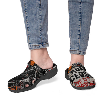 KLF Road Closed clogs product mockup with black red white and construction-orange graphics