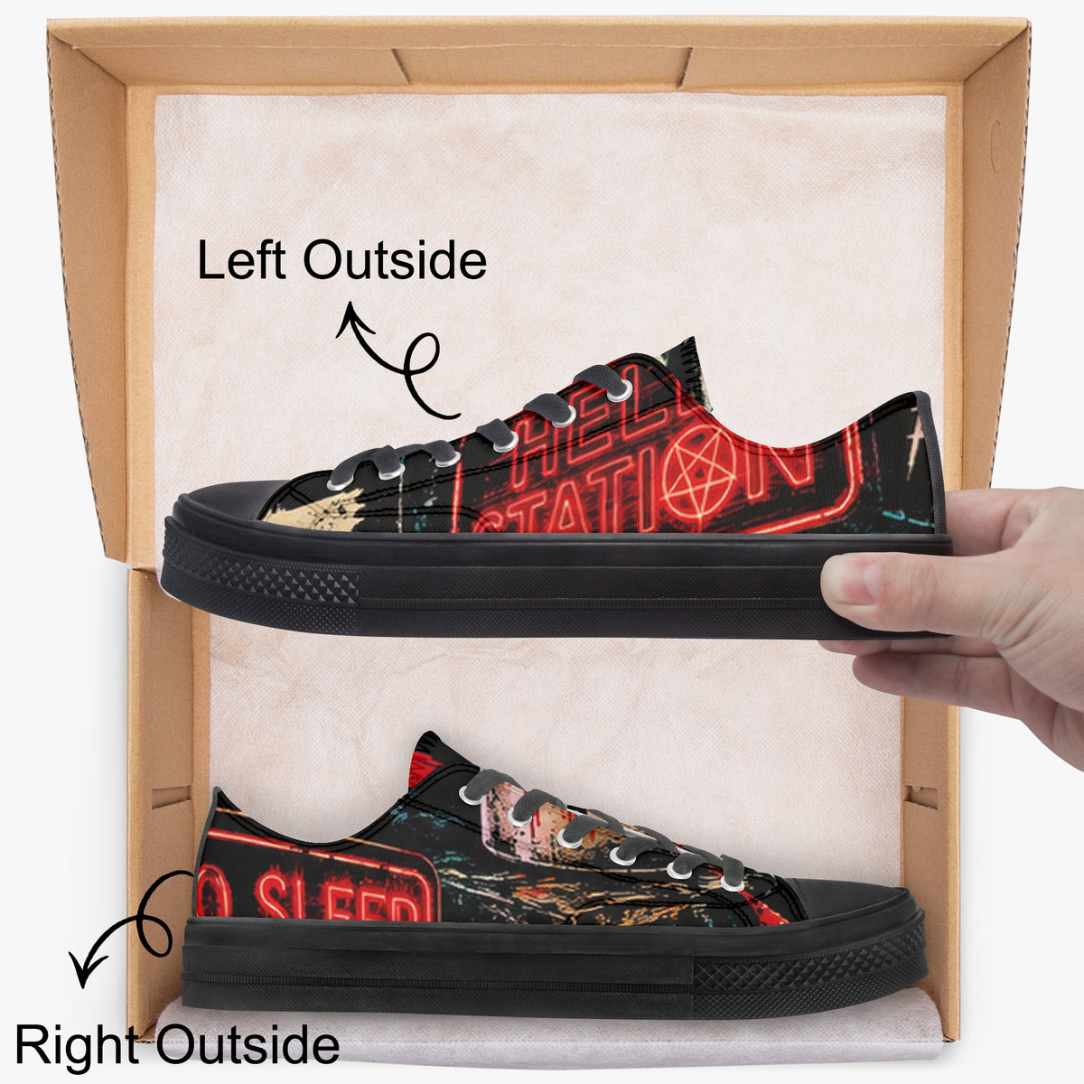 KLF Grave Shift low-top canvas shoes with neon horror night-shift artwork - product view 1