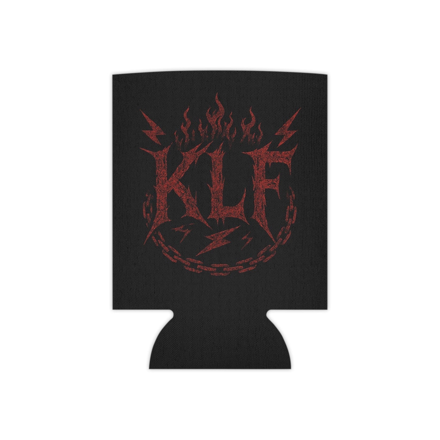 KLF Vintage Can Cooler black can cooler with red distressed flame and lightning bolt design