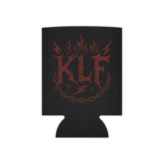 KLF Vintage Can Cooler black can cooler with red distressed flame and lightning bolt design