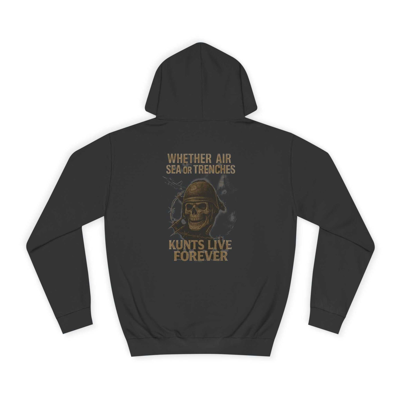 Black KLF hoodie with "Whether Air Sea or Trenches" veteran skull design and glow-in-the-dark print