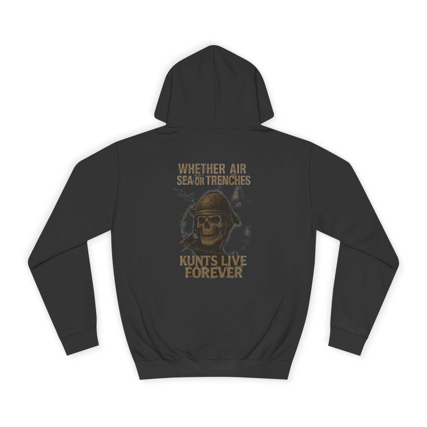 Black KLF hoodie with "Whether Air Sea or Trenches" veteran skull design and glow-in-the-dark print