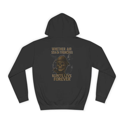Black KLF hoodie with "Whether Air Sea or Trenches" veteran skull design and glow-in-the-dark print