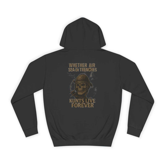 Black KLF hoodie with "Whether Air Sea or Trenches" veteran skull design and glow-in-the-dark print