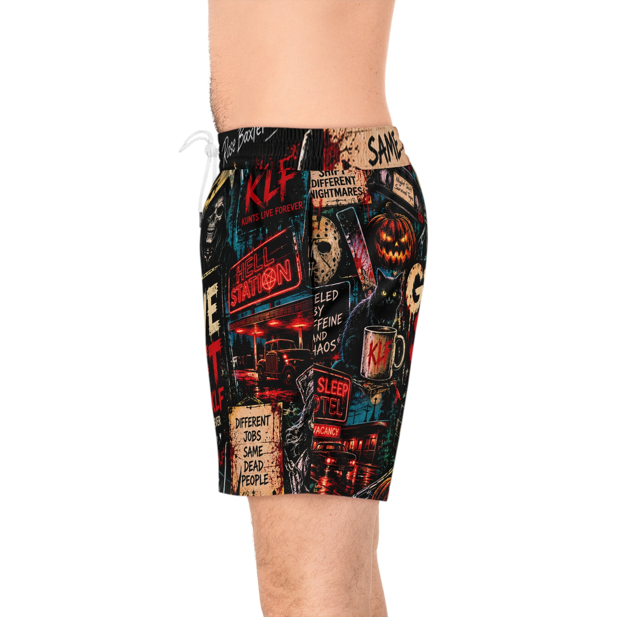 KLF Grave Shift swim shorts with neon horror night-shift artwork - product view 3