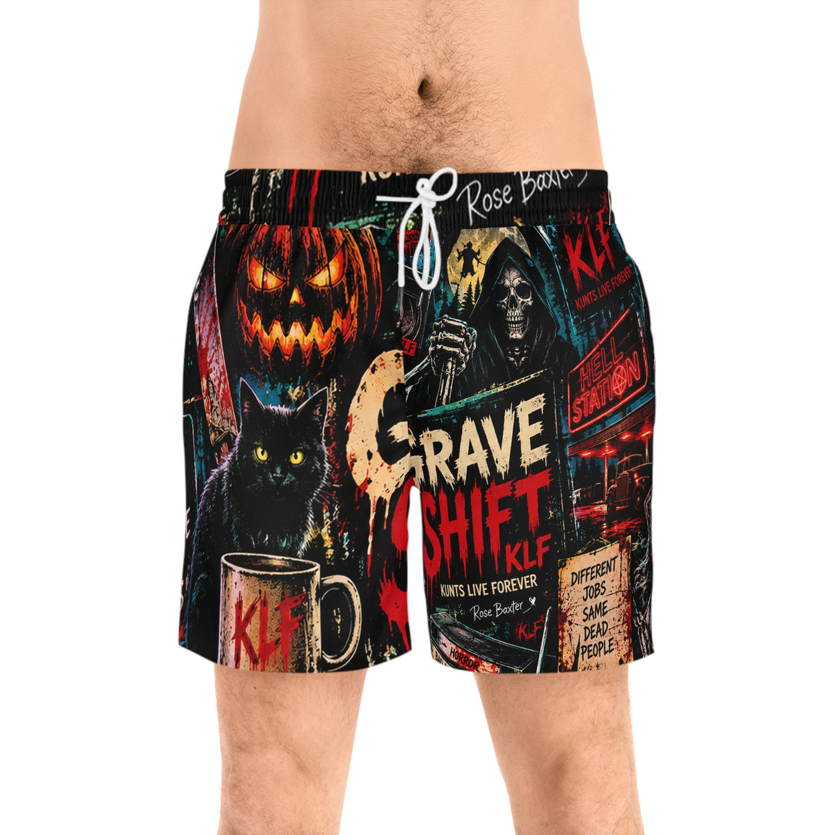 KLF Grave Shift swim shorts with neon horror night-shift artwork - product view 1