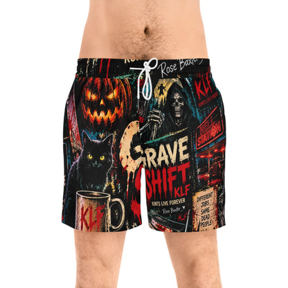 KLF Grave Shift swim shorts with neon horror night-shift artwork - product view 1