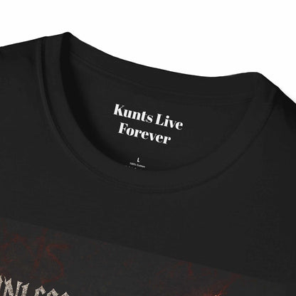 Close-up of black KLF Aaron Westbrook Tee with "Kunts Live Forever" text on inner collar and glow-in-the-dark print design