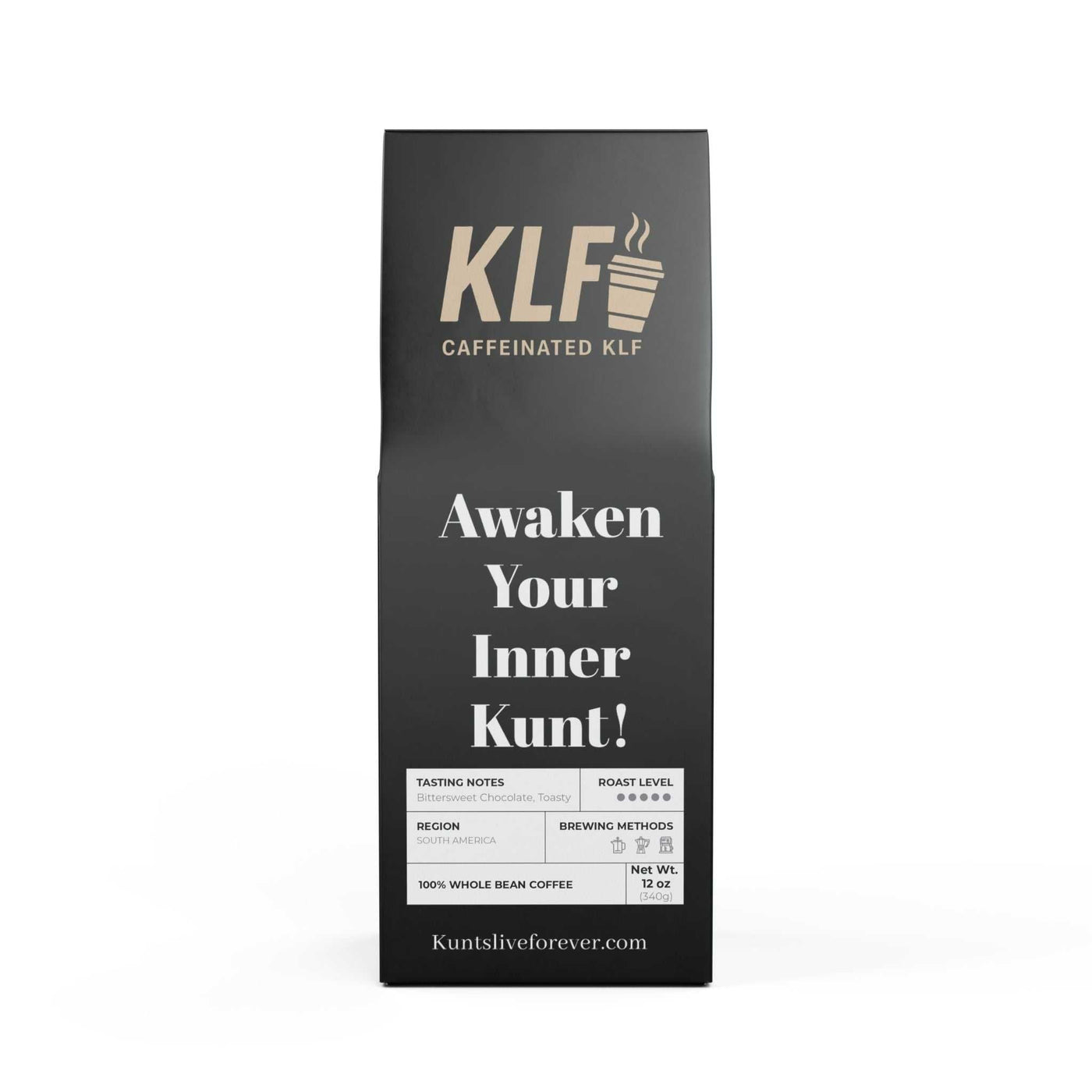 KLF Pirate Brew Blend Dark French Roast coffee bag with bold branding and tasting notes