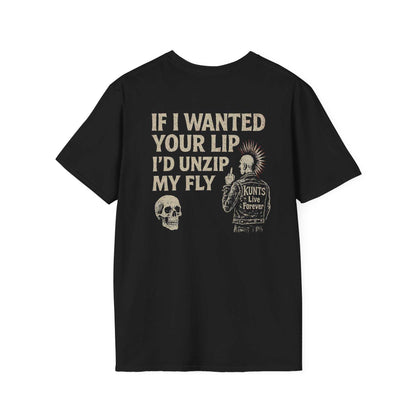 Black KLF "If I Wanted Your Lip" punk tee with skull and mohawk graphic print