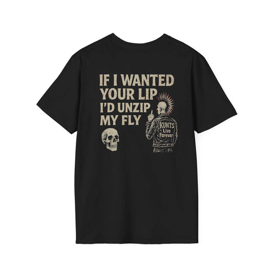 Black KLF "If I Wanted Your Lip" punk tee with skull and mohawk graphic print