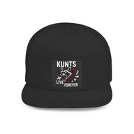 Black KUNTS Flat Bill Snapback Hat with embroidered aggressive raccoon and "Live Forever" text