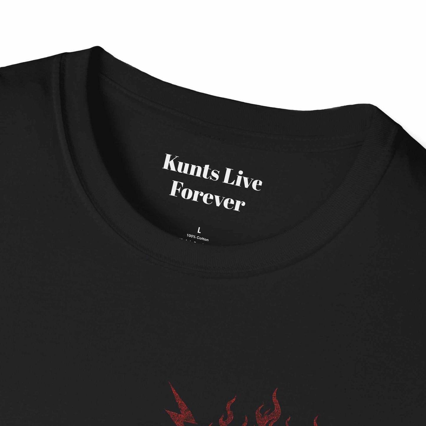 Close-up of black KLF Slut Life Tee with "Kunts Live Forever" printed inside collar and part of red design on front