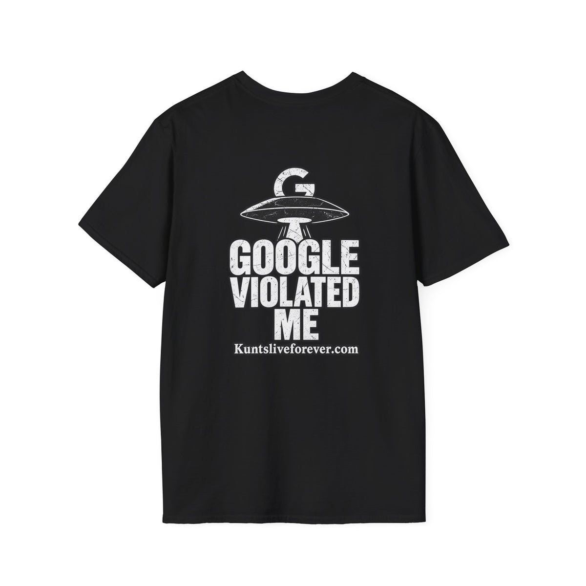KLF Google Violated Me graphic tee on black shirt, product mockup view 1