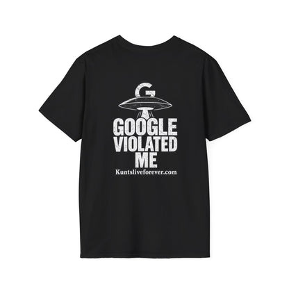 KLF Google Violated Me graphic tee on black shirt, product mockup view 1