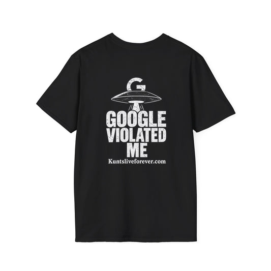 KLF Google Violated Me graphic tee on black shirt, product mockup view 1