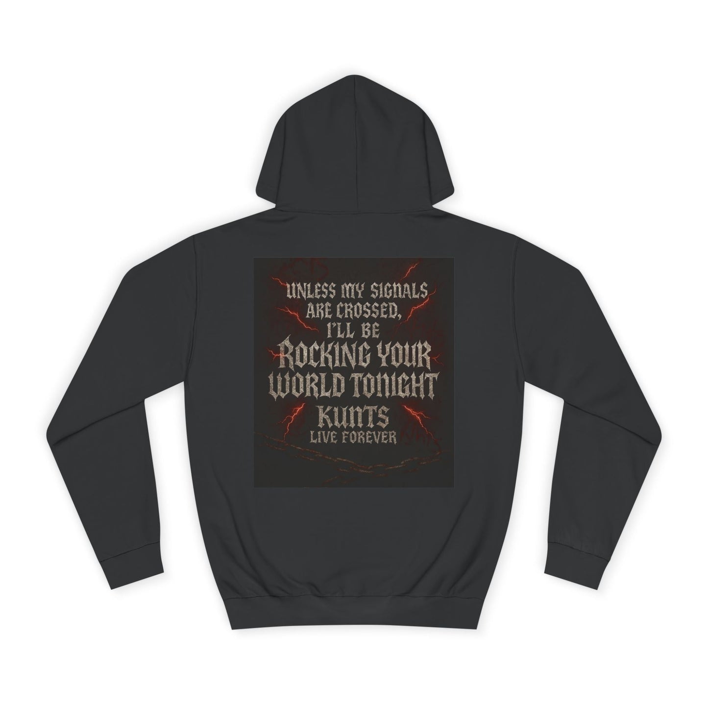 Black Rock Your World Tonight Hoodie with punk-inspired graphic and bold rebellious text on back