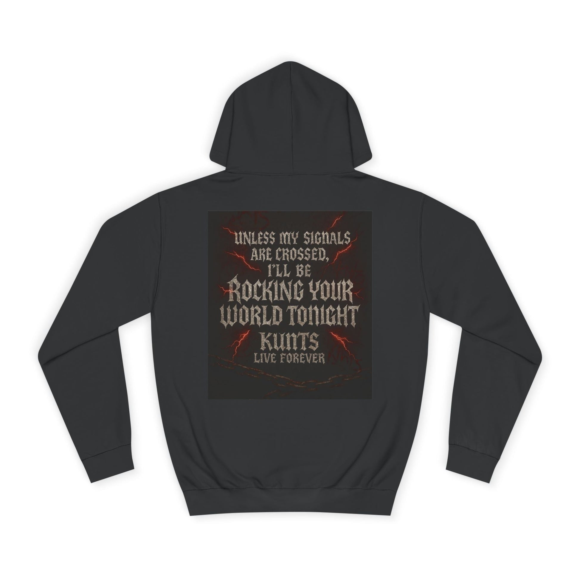 Black Rock Your World Tonight Hoodie with punk-inspired graphic and bold rebellious text on back