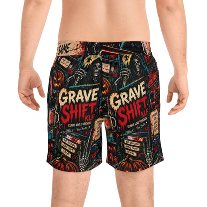 KLF Grave Shift swim shorts with neon horror night-shift artwork - product view 2