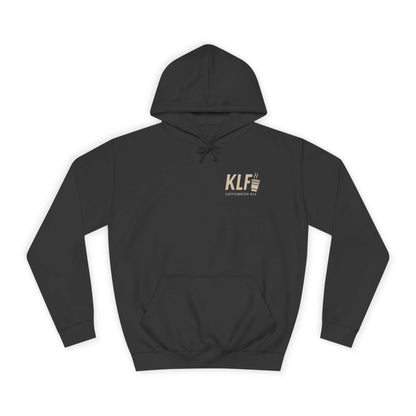 Black KLF "I Take My Coffee As Black As My Soul" hoodie with minimalist logo and caffeine-themed design