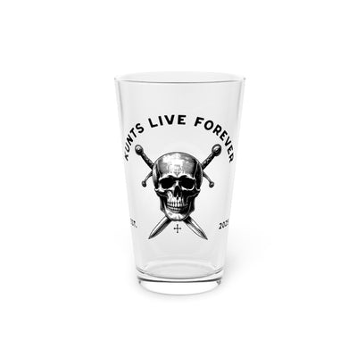 Skull & Cross Swords 16oz pint glass with skull and crossed swords design and rebellious punk text